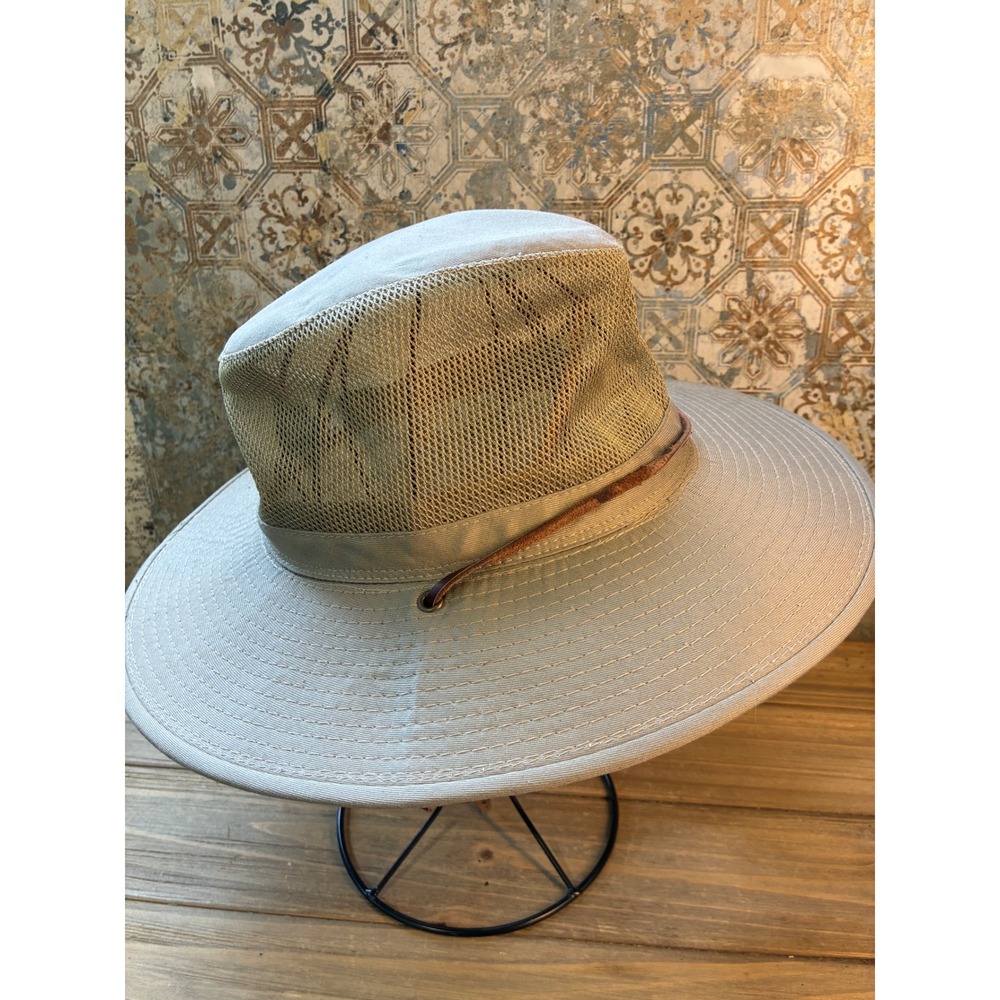 Boonie Broner Airflo Sun Hat Mesh Leather Strap Mens M‎ Khaki Excellent